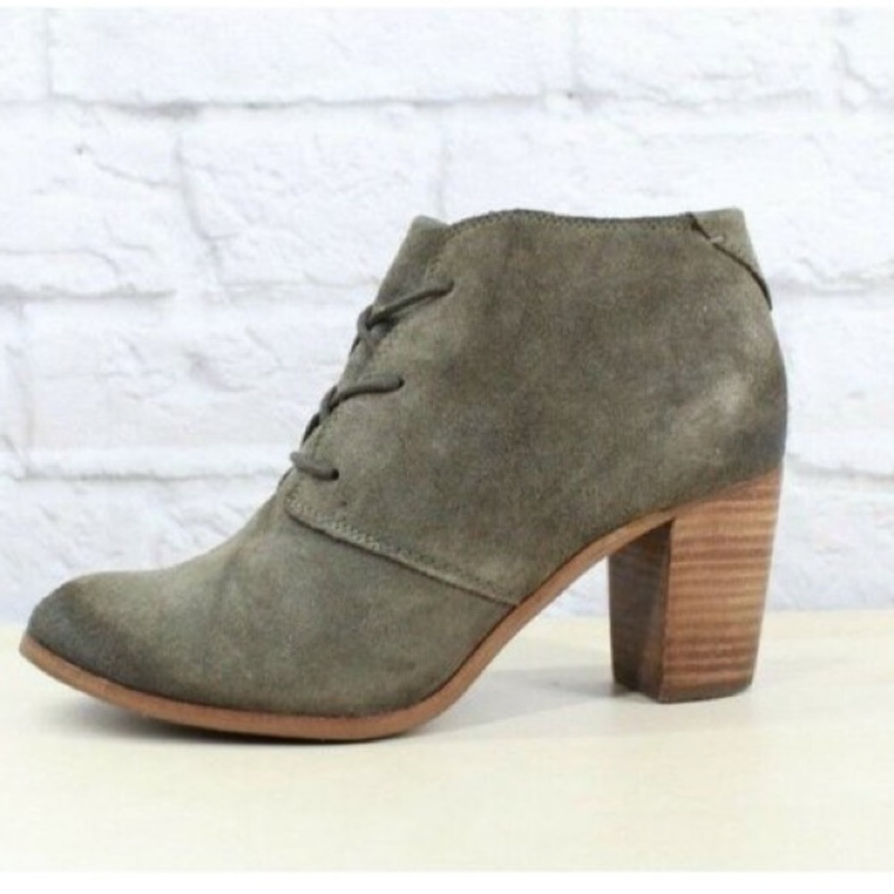 Toms Olive Green Suede Lace Up Blocked Heeled Boots Size 7.5